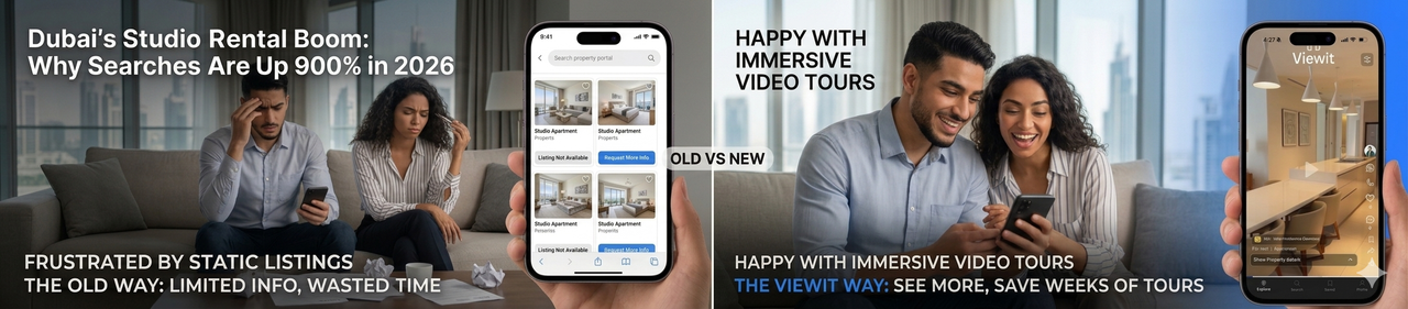 An image showing a couple looking for homes on a conventional portal with frustration and then at a video tour of the listing making them happy.