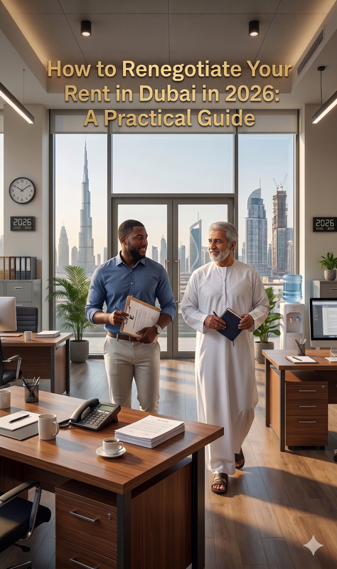 A landlord and tenant happily renegotiating a rent renewal in Dubai