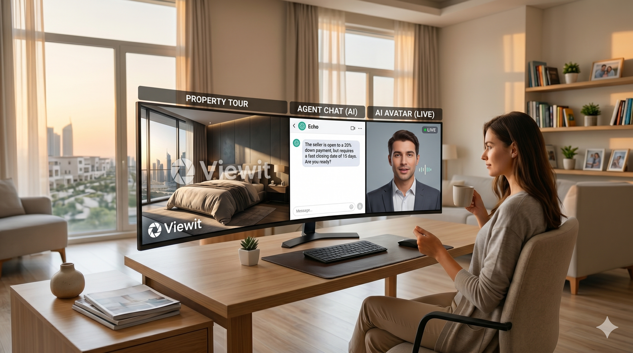 A vision of the future of real estate. On the monitor, on the left, a video tour of the property with the viewit logo the middle of the screen a chat where the AI agent is talking to the buyer about what the seller wants and on the right of the screen a realistic AI avatar talking to the buyer. 