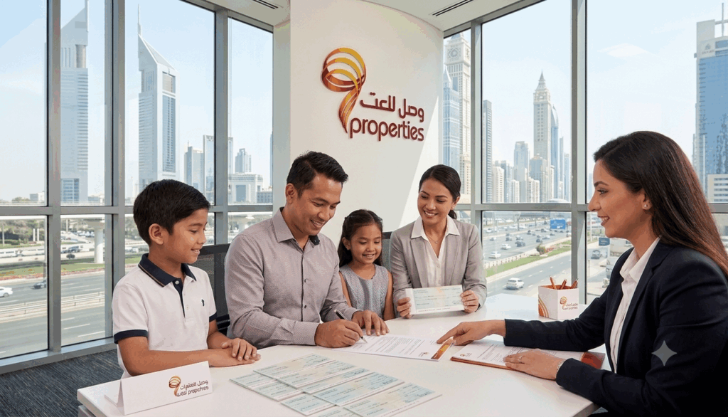 Family reviewing paperwork with a real estate agent in a Dubai office