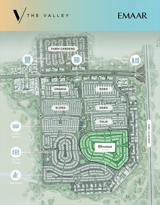 A grahpical master plan of the valley showing all the different areas including Orania, Eden, Elora, Nara, Talia, Rivana and Farm Gardens.
