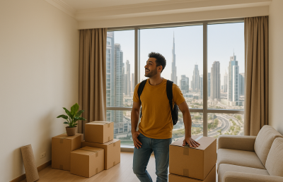Young man moving into a shared apartment in Dubai