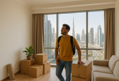 Young man moving into a shared apartment in Dubai