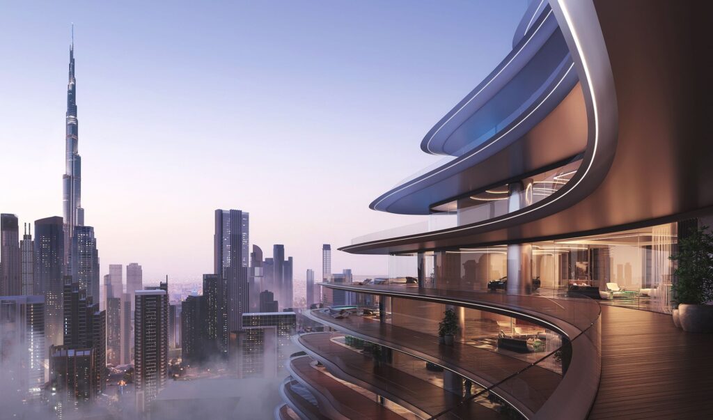 Architectural render of a luxury off-plan development balcony overlooking the Dubai skyline
