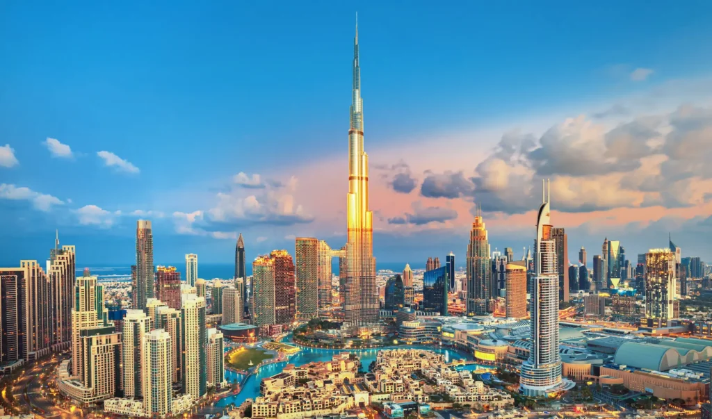 Downtown Dubai skyline at dusk with Burj Khalifa and the Dubai Fountain